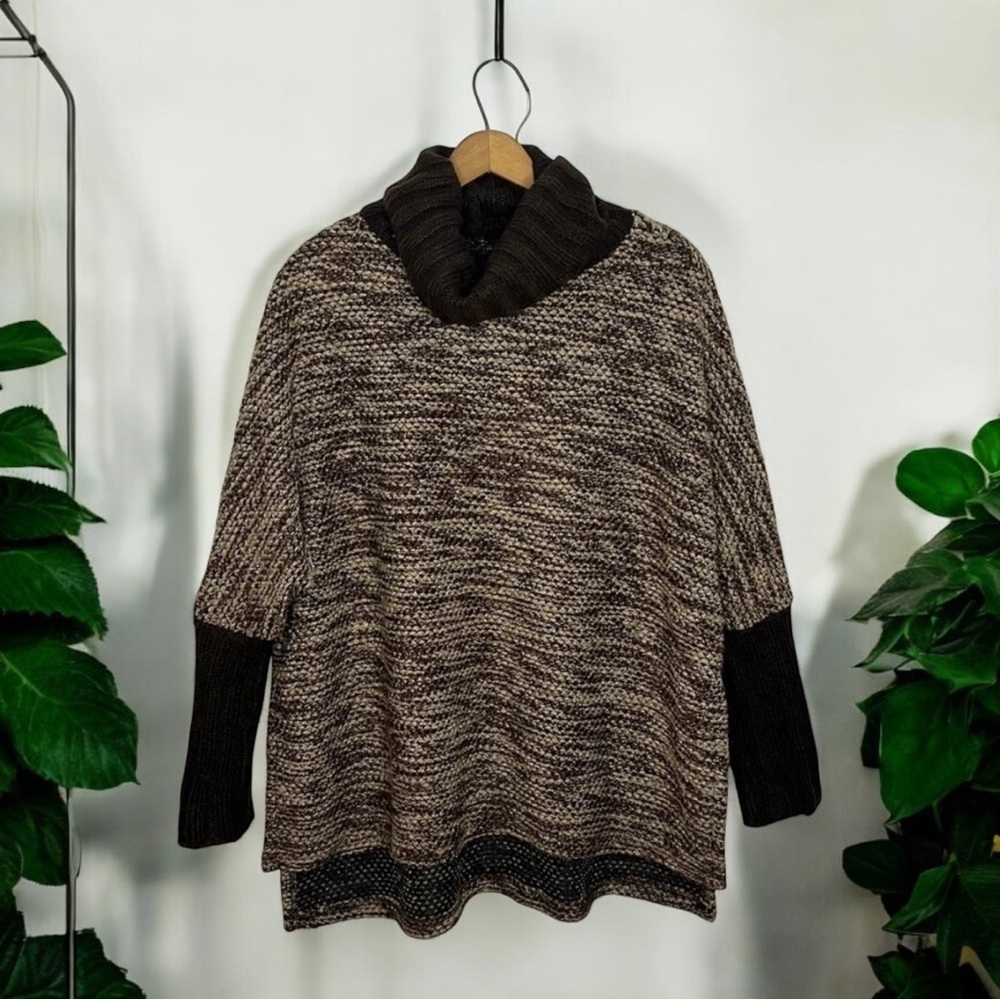 RYU Cowl Neck Dolman Batwing Sleeve Metallic Weave Brown & Tan Boho Knit Sweater